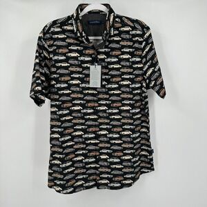 Stone Rose Men Classic Car Print Short Sleeve Button Up Shirt Black Size M Retro